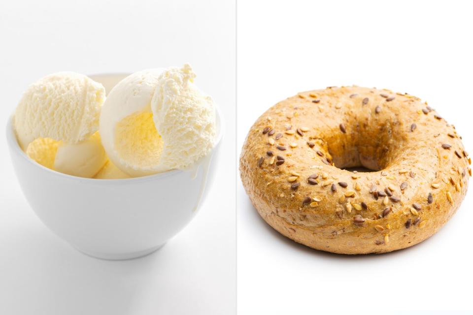 Close up of bowl of ice cream; Whole grain baked bagel. - stock photo Whole grain baked bagel isolated on white background