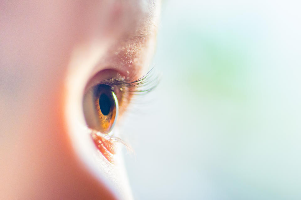 Human dark brown eyes close-up.  Side look