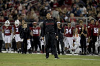 Stanford coach David Shaw stands on the field against during the first half of the team's NCAA college football game against Notre Dame in Stanford, Calif., Saturday, Nov. 27, 2021. (AP Photo/Jed Jacobsohn)