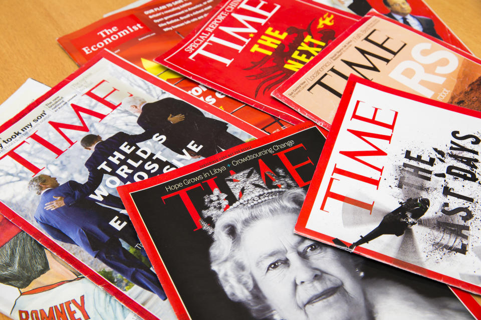 Shanghai, China - Oct 2, 2013: Popular Magazines in English language displayed, including Time and The Economist. Magazines are a great way to learn news, culture and short stories. They generate the majority of their income through advertising.