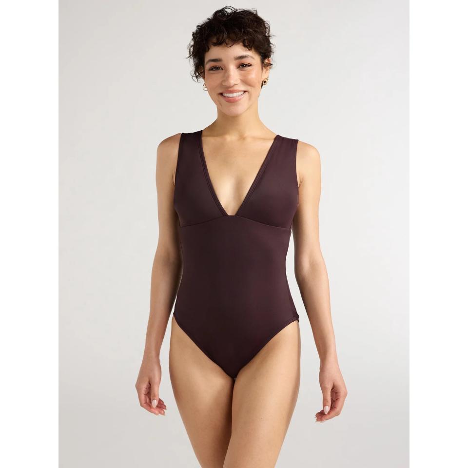 model wearing brown v-neck walmart one-piece