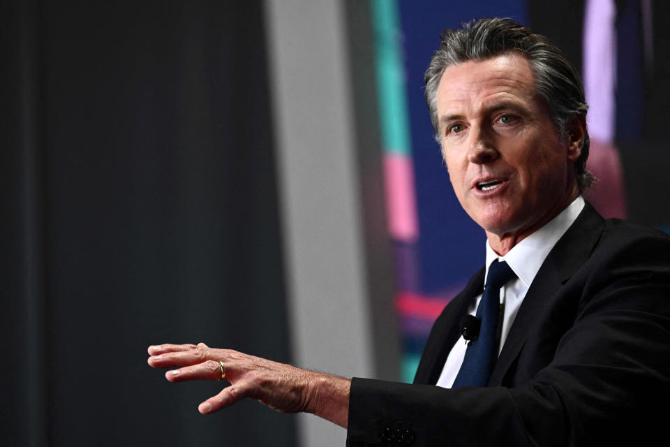 California Governor Gavin Newsom speaks during the Milken Institute Global Conference in Beverly Hills, California on May 2, 2023. (Patrick T. Fallon / AFP - Getty Images)