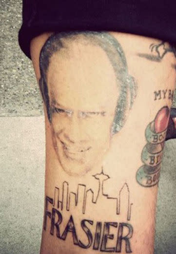 <div class="caption-credit"> Photo by: Ellen.WarnerBros.com</div>If you were dating a person with this "Frasier" (in the studio with earphones) tattoo, it would be super romantic to surprise him with matching Roz ink. No pressure. <br> <br> A little pressure. <br> <br> <br> <b>Related</b>: <br> <a rel="nofollow" href="http://news.yahoo.com/blogs/sideshow/nokia-issues-patent-vibrating-tattoos-165543222.html" data-ylk="slk:Vibrating tattoos of the future;elm:context_link;itc:0;sec:content-canvas;outcm:mb_qualified_link;_E:mb_qualified_link;ct:story;" class="link  yahoo-link">Vibrating tattoos of the future <br></a> <a rel="nofollow" href="http://shine.yahoo.com/fashion/ultimate-fanboy-man-has-82-julia-roberts-tattoos-2463973.html" data-ylk="slk:The guy with Julia Roberts face all over his body;elm:context_link;itc:0;sec:content-canvas;outcm:mb_qualified_link;_E:mb_qualified_link;ct:story;" class="link  yahoo-link">The guy with Julia Roberts face all over his body <br></a> <a rel="nofollow" href="http://ca.shine.yahoo.com/blogs/movie-talk/megan-loses-marilyn-tattoo-195931440.html" data-ylk="slk:Megan Fox's Marilyn Tattoo;elm:context_link;itc:0;sec:content-canvas;outcm:mb_qualified_link;_E:mb_qualified_link;ct:story;" class="link  yahoo-link">Megan Fox's Marilyn Tattoo <br></a> <br>