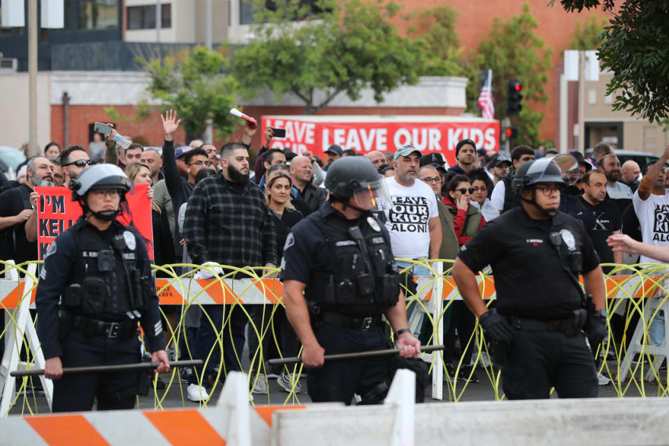 <div class="inline-image__caption"><p>Crowds gather at a Glendale Unified School District meeting where parents and activists clash over the school board voting to recognize June as Pride month on June 6, 2023.</p></div> <div class="inline-image__credit">Allen J. Schaben/Los Angeles Times via Getty Images</div>