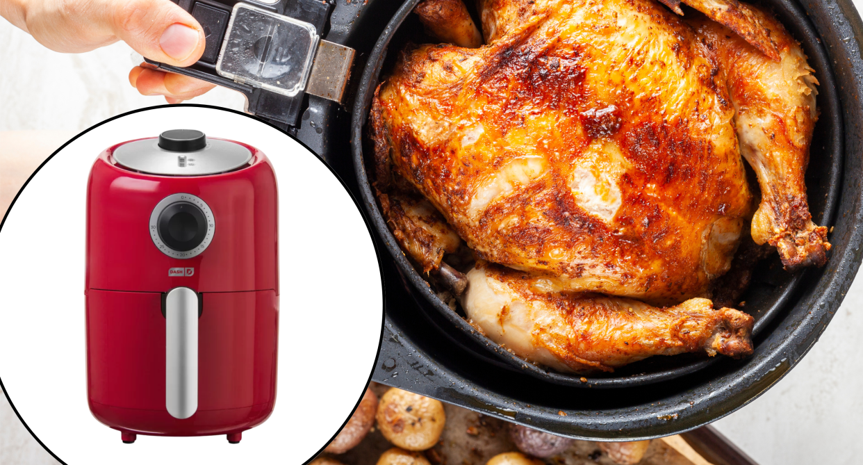 red mini dash air fryer and roasted chicken in air fryer, wayfair victoria day sale