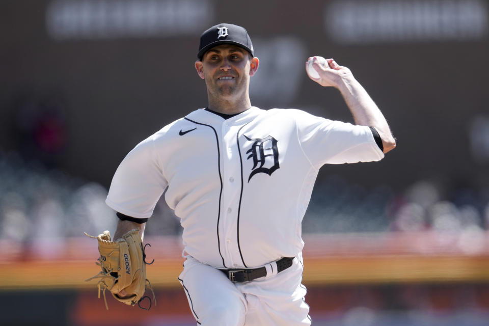 Detroit Tigers pitcher Matthew Boyd throws against the Boston Red Sox in the first inning of a baseball game in Detroit, Sunday, April 9, 2023. (AP Photo/Paul Sancya)
