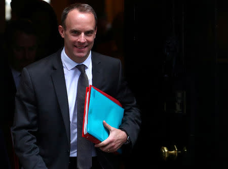 FILE PHOTO: Britain's Secretary of State for Exiting the EU, Dominic Raab, leaves 10 Downing Street, in London, October 16, 2018. REUTERS/Hannah McKay/File Photo