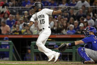 Pittsburgh Pirates' Pablo Reyes singles off Chicago Cubs starting pitcher Jose Quintana during the third inning of a baseball game in Pittsburgh, Thursday, Sept. 26, 2019. (AP Photo/Gene J. Puskar)