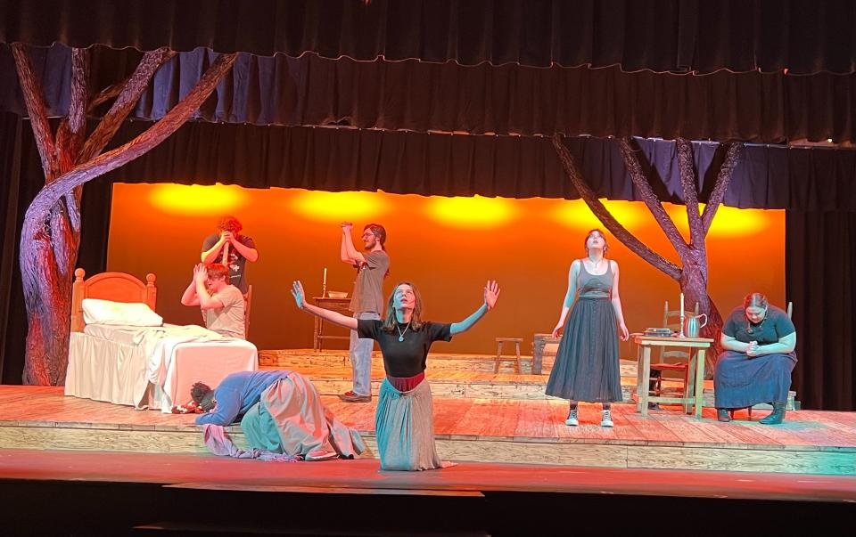 Cast members rehearse the Bearden High School production of “The Crucible” on April 5. In front are Sarenity Wright, left, and Annabella Brady. In back, from left, are Luke Bouchard, Jack Stapleton, Holt Mackleberry, Izzy Fenech and Lindy McCool.