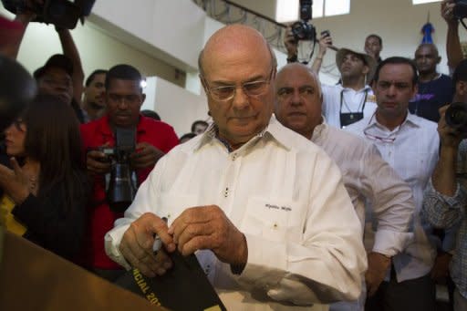 The presidential candidate for the Dominican Revolutionary Party, Hipolito Mejia, gets ready to cast his vote at a polling station in Santo Domingo