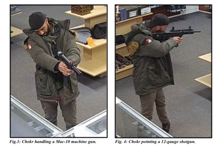 Hassan Chokr, 35, of Dearborn, is seen trying out guns at Dearborn Outdoors, a gun store in Dearborn, on December 2, 2022. Prosecutors said he visited the store to attempt to buy guns after he drove that morning to a synagogue in Bloomfield Township, yelling at Jewish children and parents. He's been charged by both county and federal prosecutors.