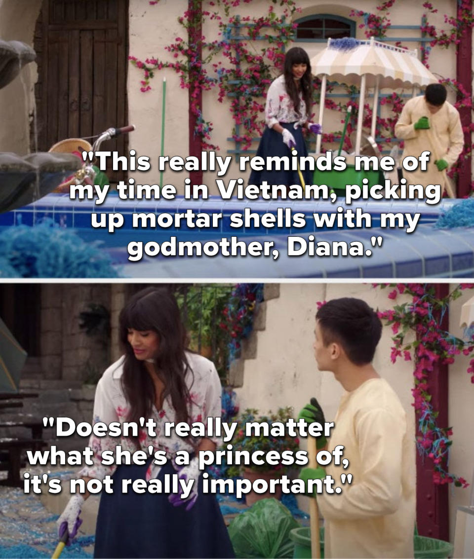 Tahani says, This really reminds me of my time in Vietnam, picking up mortar shells with my godmother, Diana, doesn't really matter what she's a princess of, it's not really important
