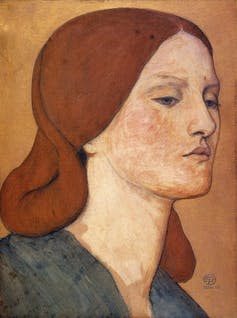 <span class="caption">Elizabeth Siddal, painted by Dante Gabriel Rosetti.</span> <span class="attribution"><a class="link " href="https://commons.wikimedia.org/wiki/File:Dante_Gabriel_Rossetti_-_Elizabeth_Siddal_(1850-65).jpg" rel="nofollow noopener" target="_blank" data-ylk="slk:Dante Gabriel Rossetti, Fitzwilliam Museum;elm:context_link;itc:0;sec:content-canvas">Dante Gabriel Rossetti, Fitzwilliam Museum</a>, <a class="link " href="http://creativecommons.org/licenses/by/4.0/" rel="nofollow noopener" target="_blank" data-ylk="slk:CC BY;elm:context_link;itc:0;sec:content-canvas">CC BY</a></span>