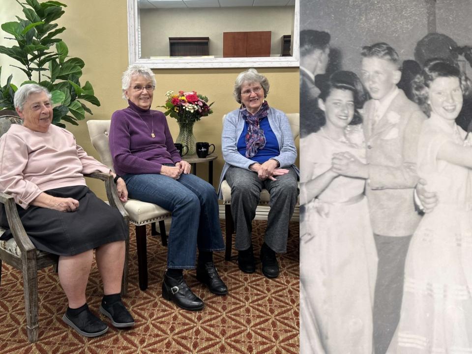 Mary Grace Tassone, Sylvia Crane und Joan Harris; Mary Grace und Freunde beim Abschlussball 1952. - Copyright: Atria Grass Valley Care Home