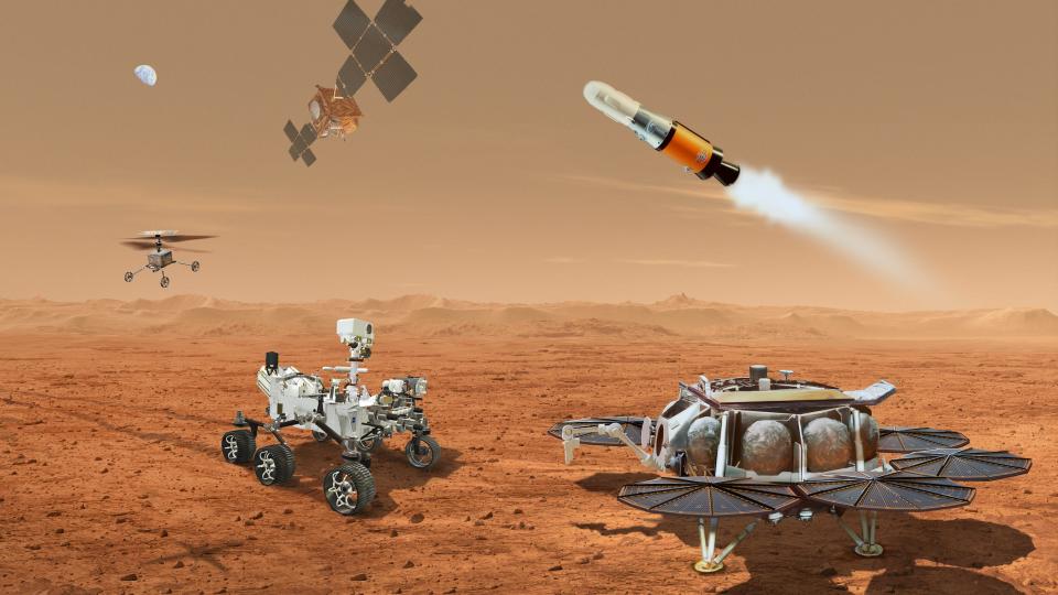 illustration shows lander rover helicopter orbiter and mini rocket on mars