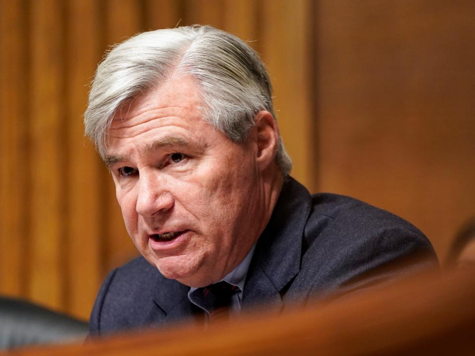 FILE PHOTO: Senator Sheldon Whitehouse (D-RI) questions judicial nominees during a hearing before the Senate Judiciary Committee on Capitol Hill in Washington, U.S., December 4, 2019.      REUTERS/Joshua Roberts/File Photo