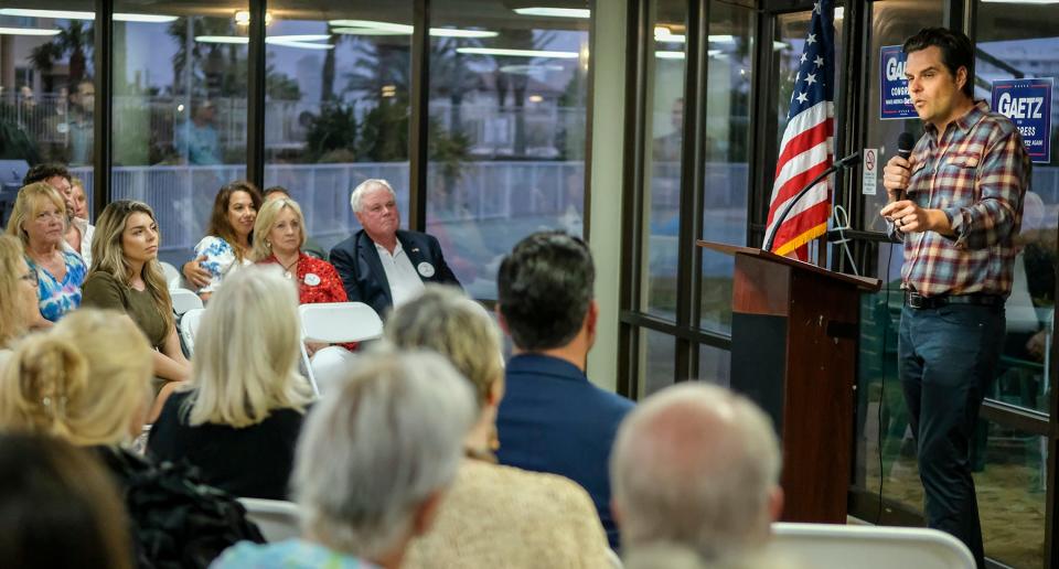 U.S. Rep. Matt Gaetz speaks to the South Walton Republican Club in Miramar Beach on Tuesday. He touched on familiar red-meat conservative themes while not sparing his GOP colleagues.