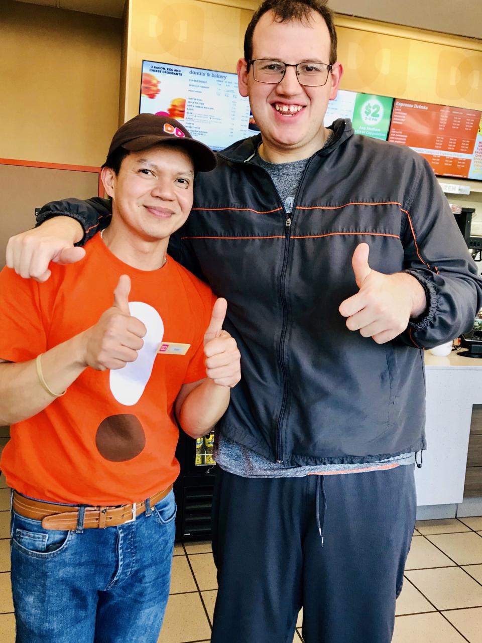 Staten Island, N.Y., Dunkin’ Donuts employee Bryan Lara danced with customer Donald Simon in a touching Facebook video, forging a special bond. (Photo: Courtesy of Donna Maxon)