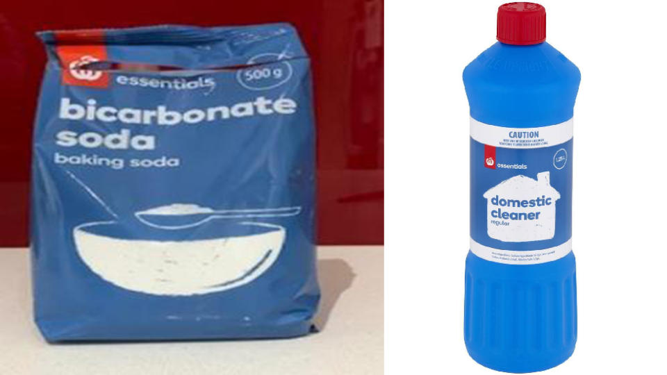 Image of homebrand Woolies bicarbonate soda and domestic bleach cleaner