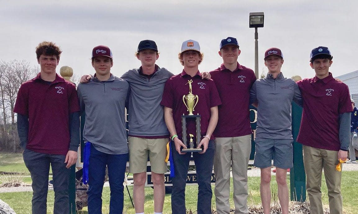 Charlevoix's boys golf team shows off their trophy earned in the Cheboygan Invite Monday at the Cheboygan Country Club. Team members included (from left) Landen Whisler, Joe Gaffney, Emmett Bergmann, Hudson Volmer, Bryce Boss, Maxwell Drenth and Eric Arlt.