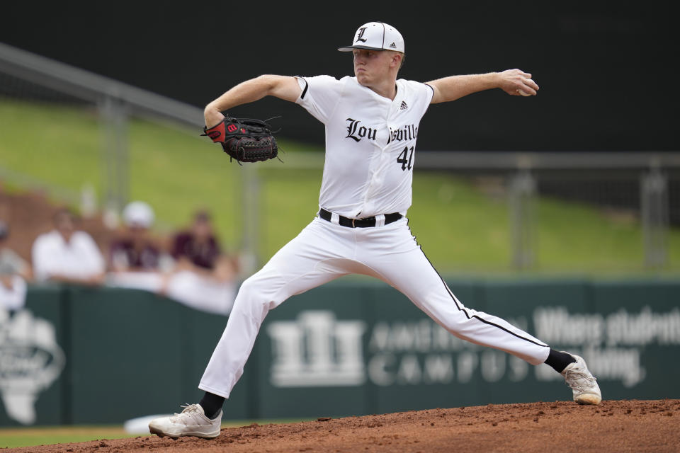 Louisville pitcher Riley Phillips (41) throws to home for a strike against Texas A&M during an NCAA college baseball super regional tournament game Saturday, June 11, 2022, in College Station, Texas. (AP Photo/Sam Craft)