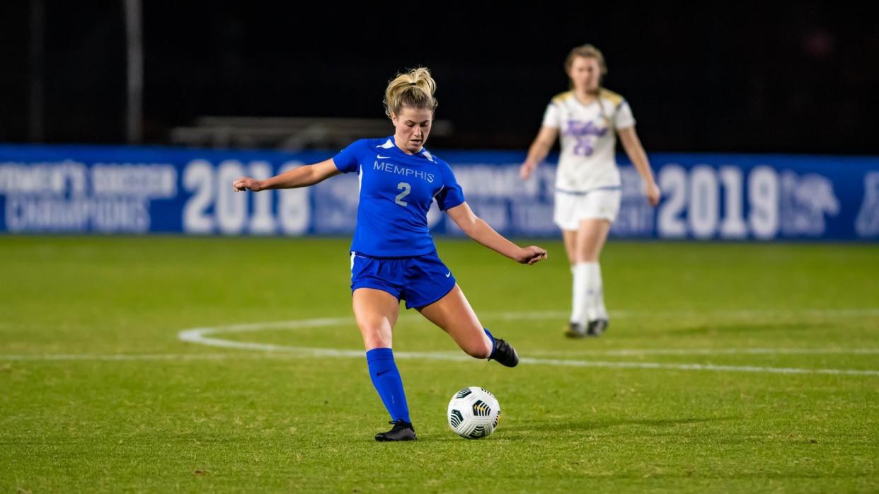 Memphis Tigers women's soccer player Grace Stordy (No. 2) makes a play on the ball against Tulsa on Feb. 24, 2021, in Memphis, Tennessee.