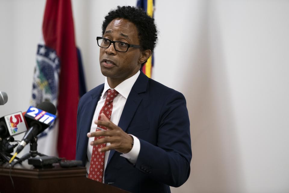 St. Louis County prosecuting attorney Wesley Bell announces Thursday, July 30, 2020, that no charges will be filed against former Ferguson, Mo., police officer Darren Wilson for shooting and killing Michael Brown Jr. on August 9, 2014 in Clayton, Mo. Bell said his administration reopened the case and spent five months reinvestigating. (Chris Kohley/St. Louis Post-Dispatch via AP)