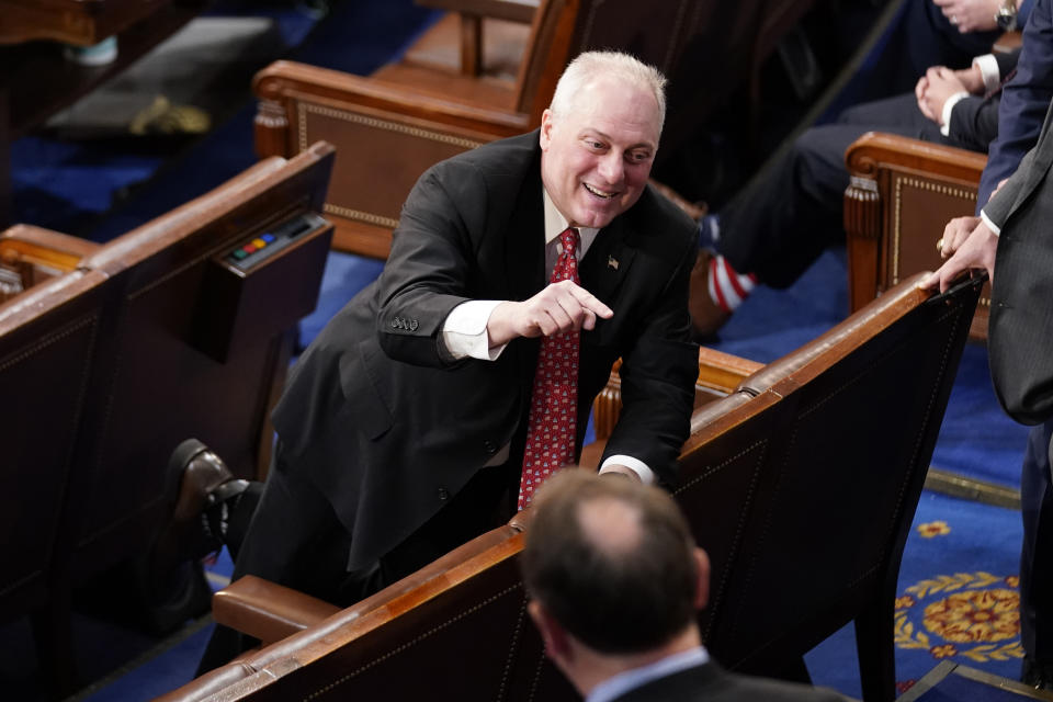 Rep. Steve Scalise, R-La., talks after the House adjourned until later in the evening in the House chamber as the House meets for a second day to elect a speaker and convene the 118th Congress in Washington, Wednesday, Jan. 4, 2023. (AP Photo/Andrew Harnik)