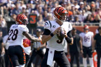 Cincinnati Bengals quarterback Joe Burrow drops back to pass during the first half of an NFL football game against the Chicago Bears Sunday, Sept. 19, 2021, in Chicago. (AP Photo/Nam Y. Huh)