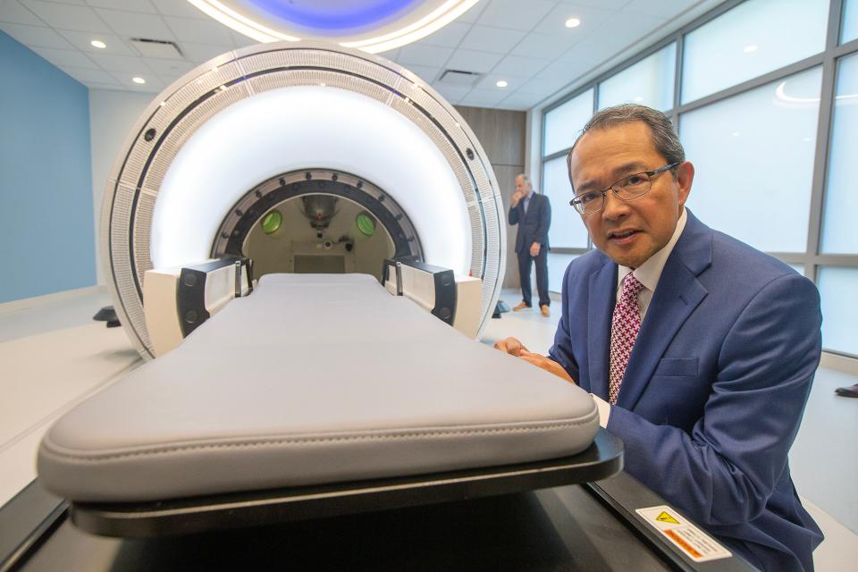 Timothy Chen, M.D., medical director of CNS radiation oncology program at Jersey Shore University Medical Center and medical director of proton therapy department of radiation oncology for Hackensack Meridian Health, speaks during the unveiling of the ZAP-X Gyroscopic Radiosurgery for treatment of brain tumors and other conditions of the head and neck at the Dr. Robert H. and Mary Ellen Harris ZAP-X Center for Noninvasive Neurosurgery at Hackensack Meridian Neuroscience Institute of Jersey Shore University Medical Center in Neptune, NJ Thursday, September 7, 2023. The ZAP-X Gyroscopic Radiosurgery is combined with Synaptive MRI to shorten the time between a patient's diagnosis and treatment.