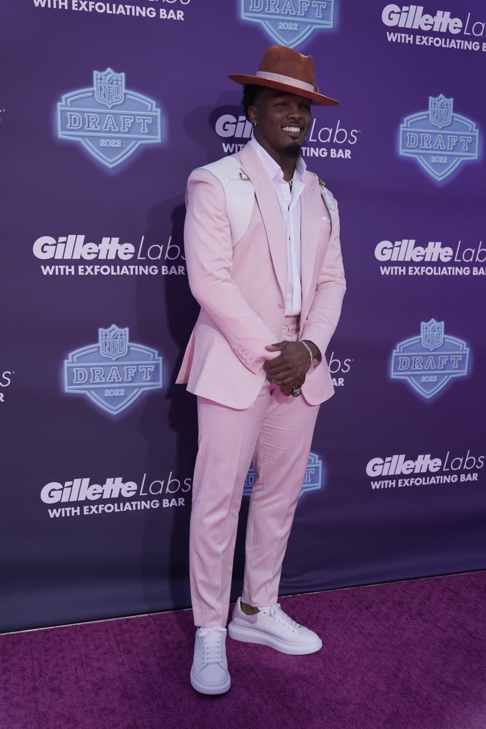 Georgia inside linebacker Nakobe Dean poses for photos before the first round of the NFL football draft Thursday, April 28, 2022, in Las Vegas. (AP Photo/Jae C. Hong)