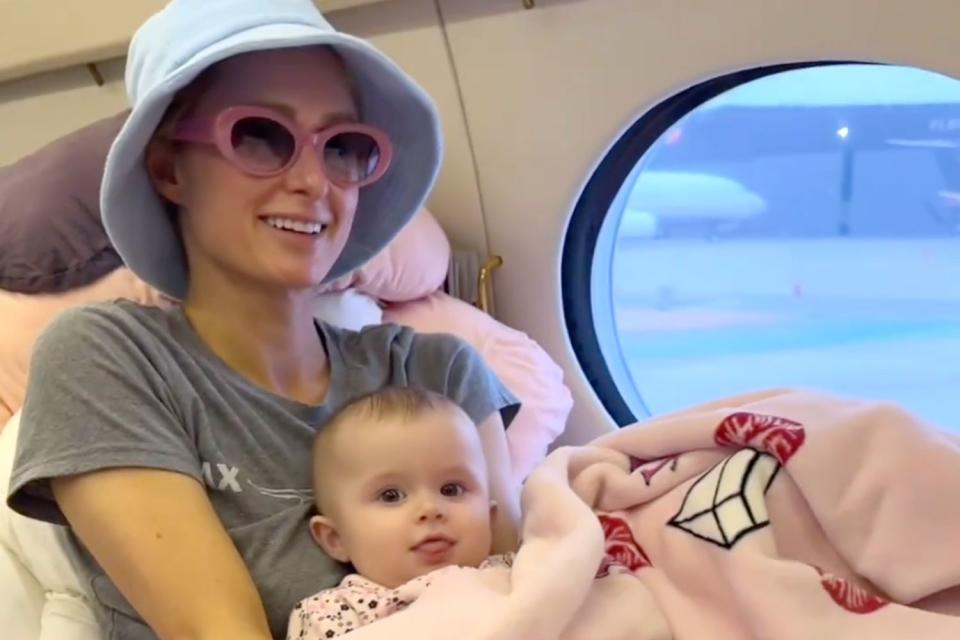 <p>Paris Hilton/Instagram</p> Paris Hilton and her daughter inside a private jet