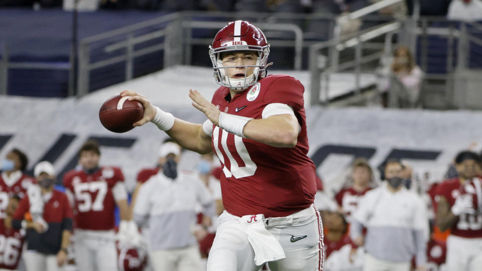 Alabama quarterback Mac Jones is one of the possibilities for the third pick of the draft. (AP Photo/Michael Ainsworth)