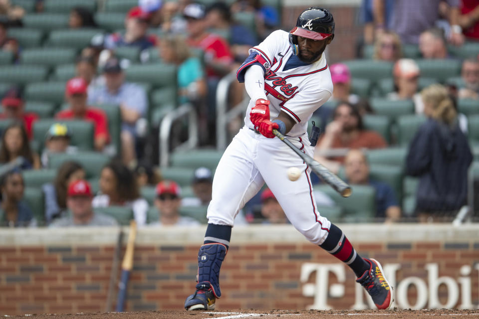 Atlanta Braves' Michael Harris II hits a single in the second inning of a baseball against the Miami Marlins, Sunday, Sept. 4, 2022, in Atlanta. (AP Photo/Hakim Wright Sr.)