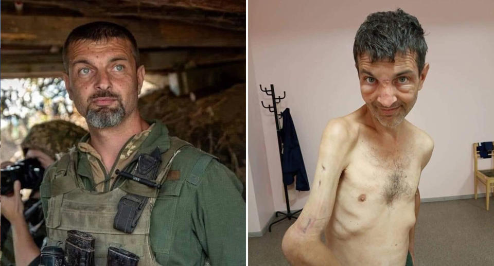 Mykhailo Dianov was defending the Azovstal steel plant in May before being captured by Russian forces. On the right he is seen after he was released in a prisoner exchange. Source: @DefenceU