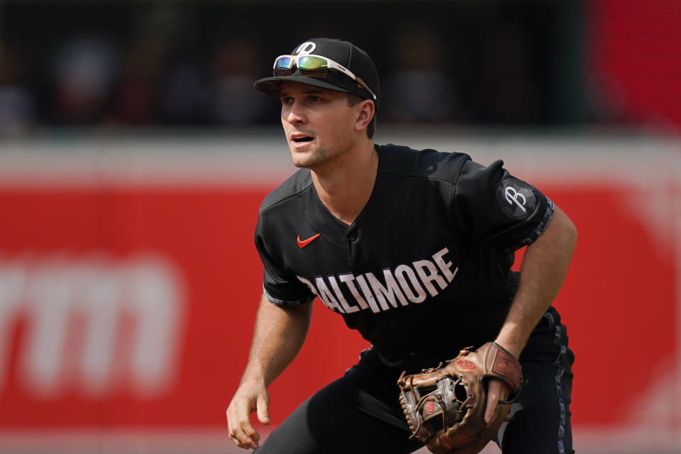 Baltimore Orioles second baseman Adam Frazier waits for a pitch to the Texas Rangers during the first inning of a baseball game, Saturday, May 27, 2023, in Baltimore. (AP Photo/Julio Cortez)