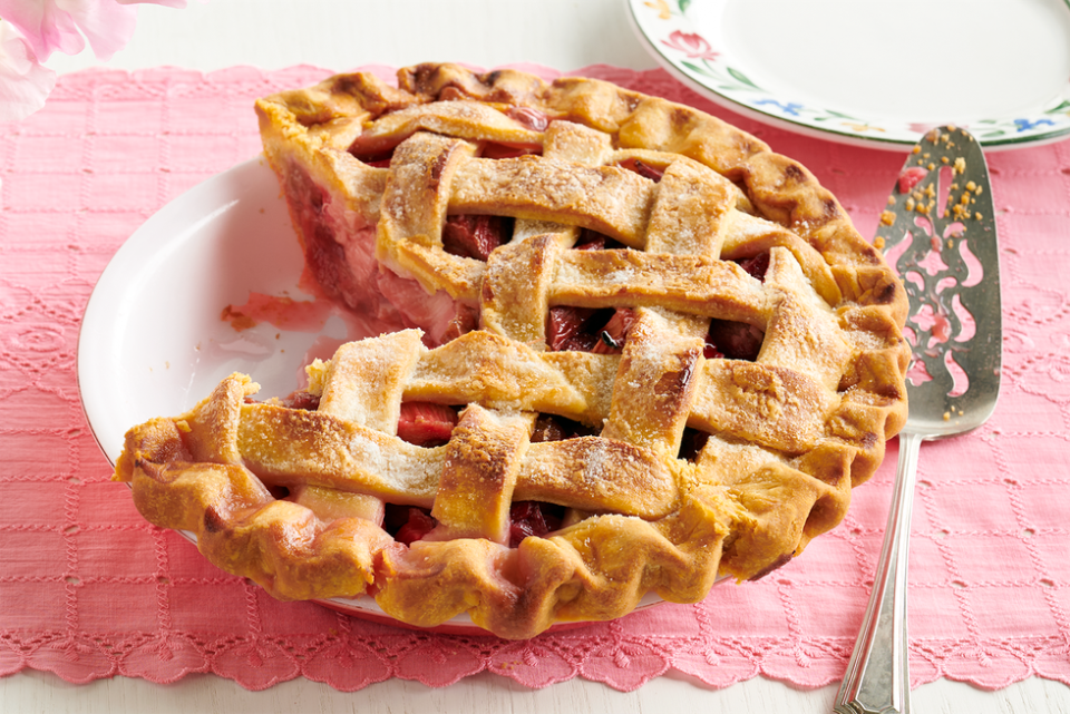 rhubarb pie lattice top on pink linen