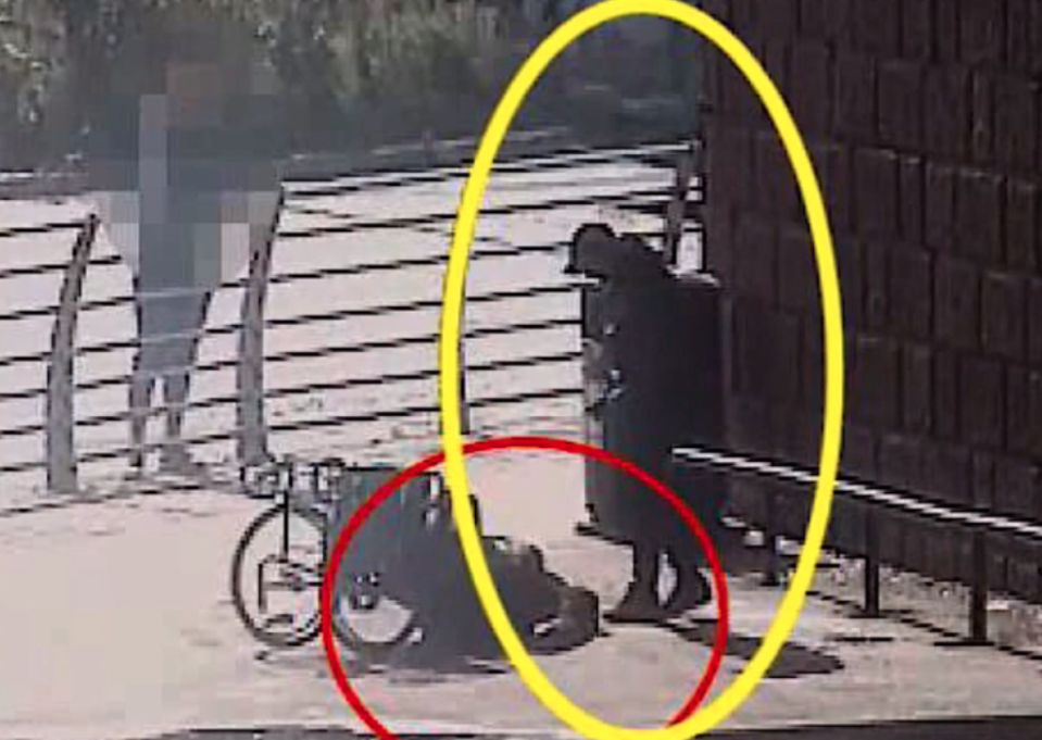 A CCTV grab shows Mairs on the floor after Sharples tipped his wheelchair. (Cheshire Police)