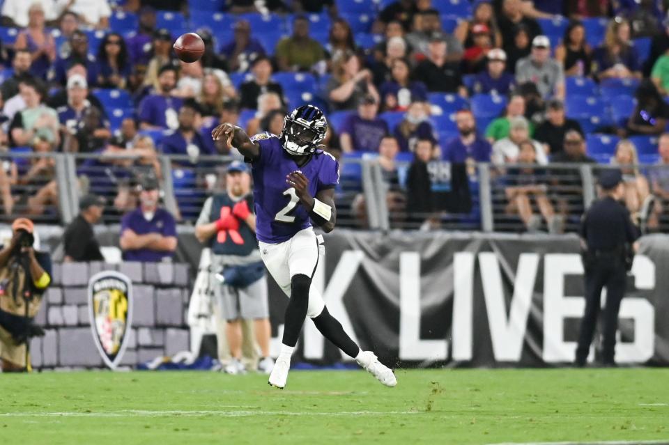 Aug 11, 2022; Baltimore, Maryland, USA;  Baltimore Ravens quarterback Tyler Huntley (2) throws on the run during the first half against the Tennessee Titans at M&T Bank Stadium. Mandatory Credit: Tommy Gilligan-USA TODAY Sports