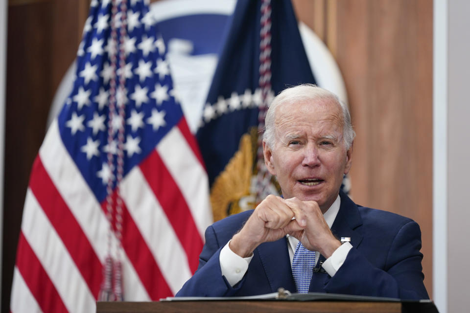 President Joe Biden speaks about the economy during a meeting with CEOs in the South Court Auditorium on the White House complex in Washington, Thursday, July 28, 2022. Biden was updated on economic conditions across key sectors and industries. (AP Photo/Susan Walsh)