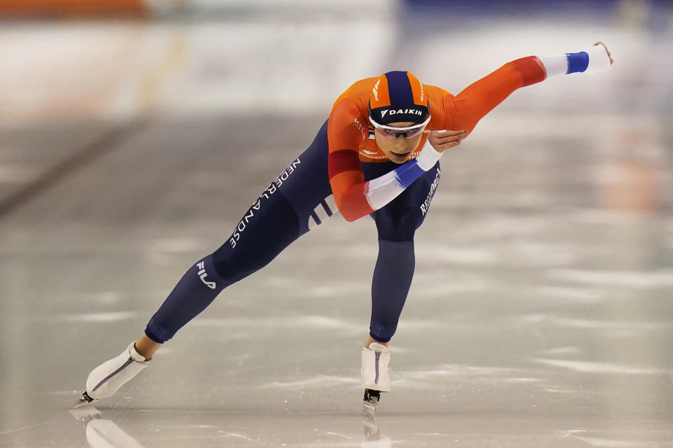 Femke Kok, of the Netherlands, skates during the women's 500 meters World Cup speedskating race at the Utah Olympic Oval Friday, Dec. 3, 2021, in Kearns, Utah. (AP Photo/Rick Bowmer)