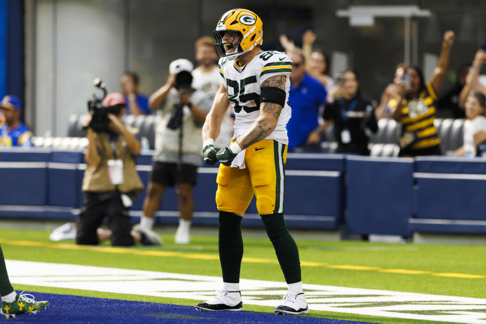 INGLEWOOD, CALIFORNIA - OCTOBER 6: Tucker Kraft #85 of the Green Bay Packers celebrates his touchdown during the second half against the Los Angeles Rams at SoFi Stadium on October 6, 2024 in Inglewood, California. (Photo by Ric Tapia/Getty Images)