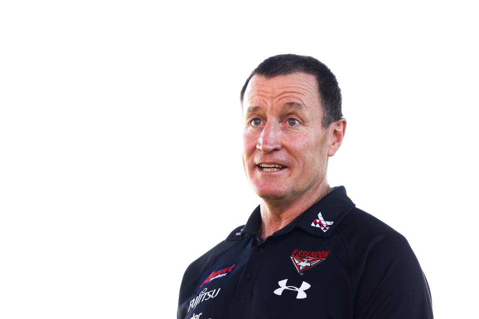 Bombers head coach John Worsfold speaks to the media prior to an Essendon Bombers AFL training session.