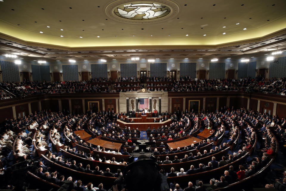 President Donald Trump delivers his State of the Union address to a joint session of Congress on Capitol Hill in Washington, Tuesday, Feb. 4, 2020. (AP Photo/Alex Brandon)