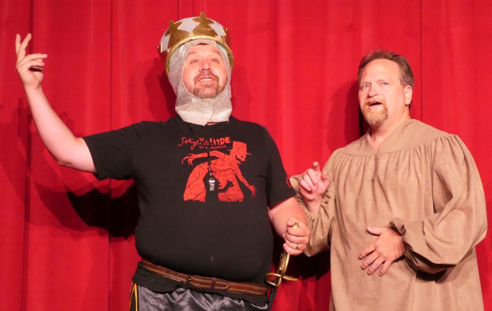 Jason Chandler, left, portrays King Arthur and Todd Strickland plays Sir Galahad in Bucyrus Little Theatre's production of "Monty Python's Spamalot."