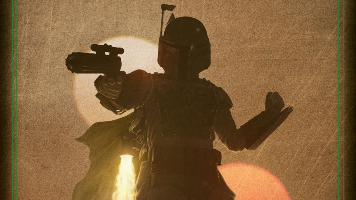  Boba Fett jetpacks into action against the twin suns of Tatooine in the Star Wars Villainous: Scum and Villainy cover 