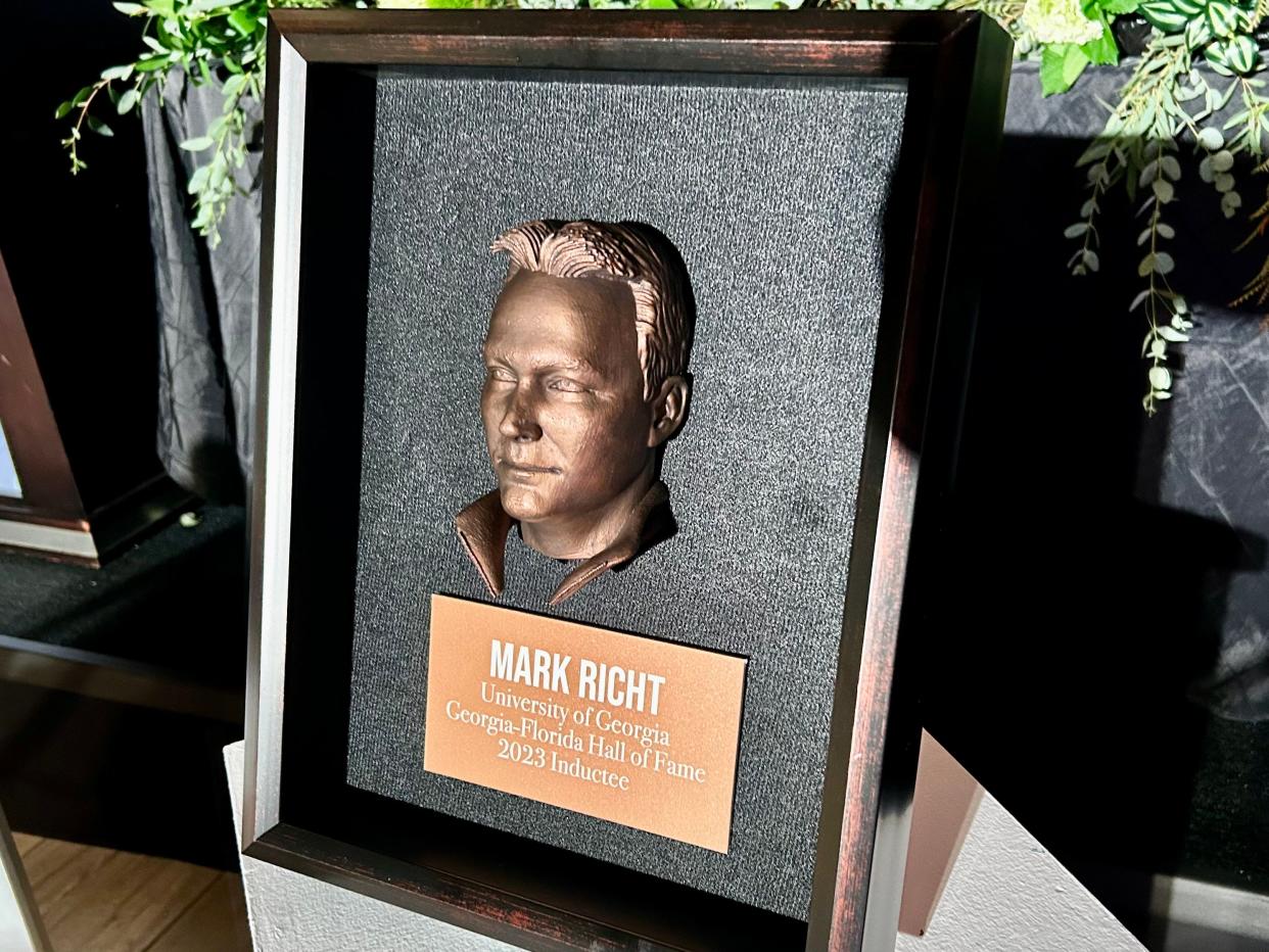 Former Georgia coach Mark Richt's Florida-Georgia Hall of Fame plaque before it was awarded to Richt on Friday at the EverBank Stadium East Club.