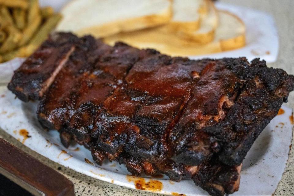 A saucy plate of tender, smoky long-end ribs at LC’s Bar-B-Q on Kansas City’s East Side: the best.