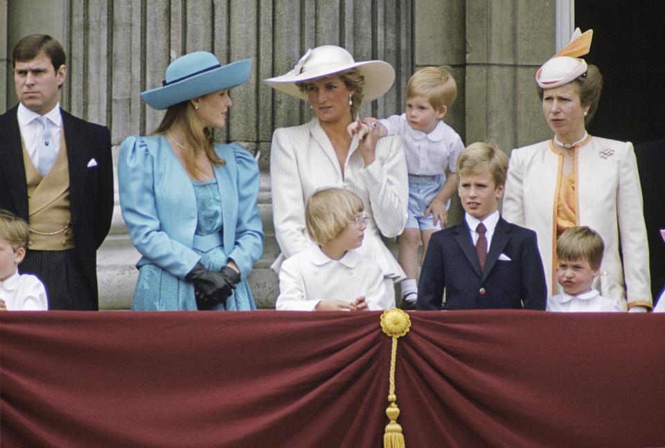 LONDON, UNITED KINGDOM - JUNE 13:  Members Of The Royal Family On The Balcony Of Buckingham Palace For Trooping The Colour. In The Back Row From Left To Right: Prince Andrew, Duchess Of York (sarah Ferguson), Princess Diana, Prince Harry And Princess Anne. In The Front Row From Left To Right: Lady Gabriella Windsor, Peter Phillips And Prince William. She is wearing a hat by Philip Somerville.  (Photo by Tim Graham/Getty Images)