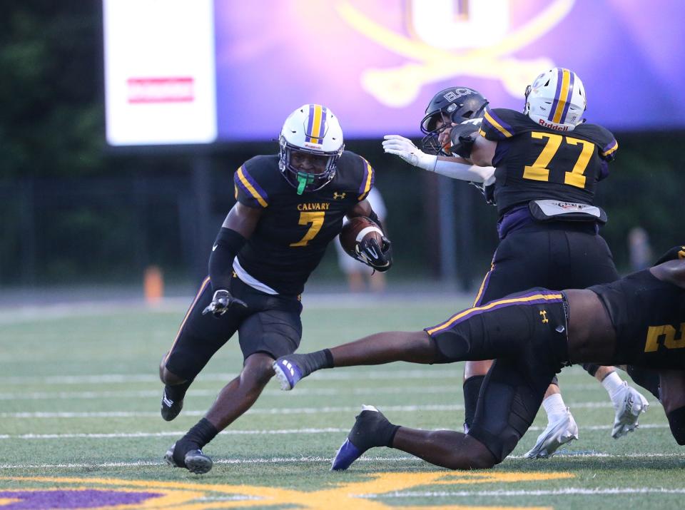 Calvary Day's Antonio Butts Jr. looks for an opening against Eagle's Landing on Sept. 2, 2022.